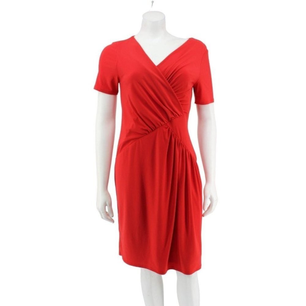 Kasper Red Matte Jersey Knit V-Neck Ruched Faux Wrap Sheath Dress Size 10
